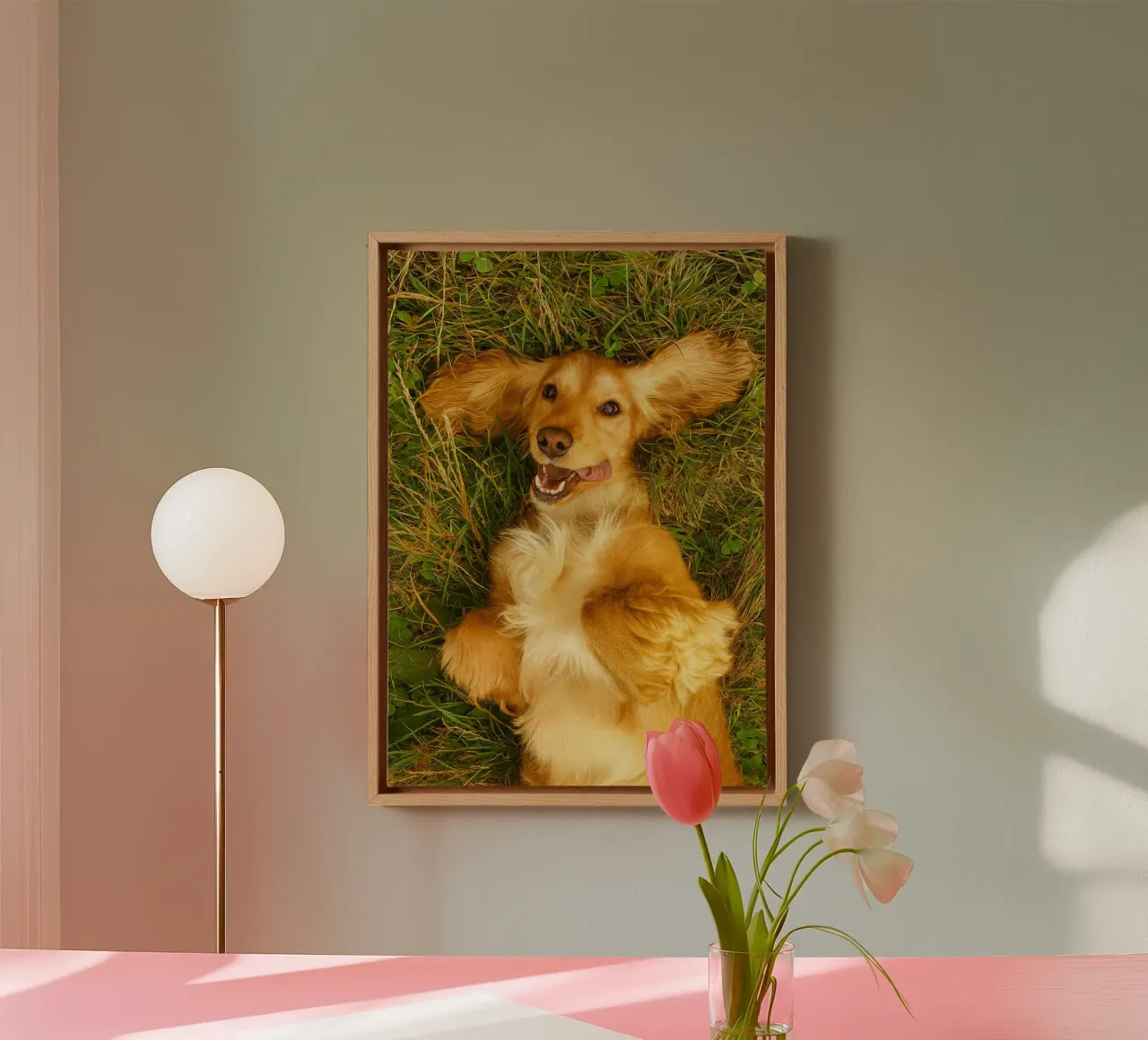 the dog rolled on the dry grass canvas with Floater frame by chinerei