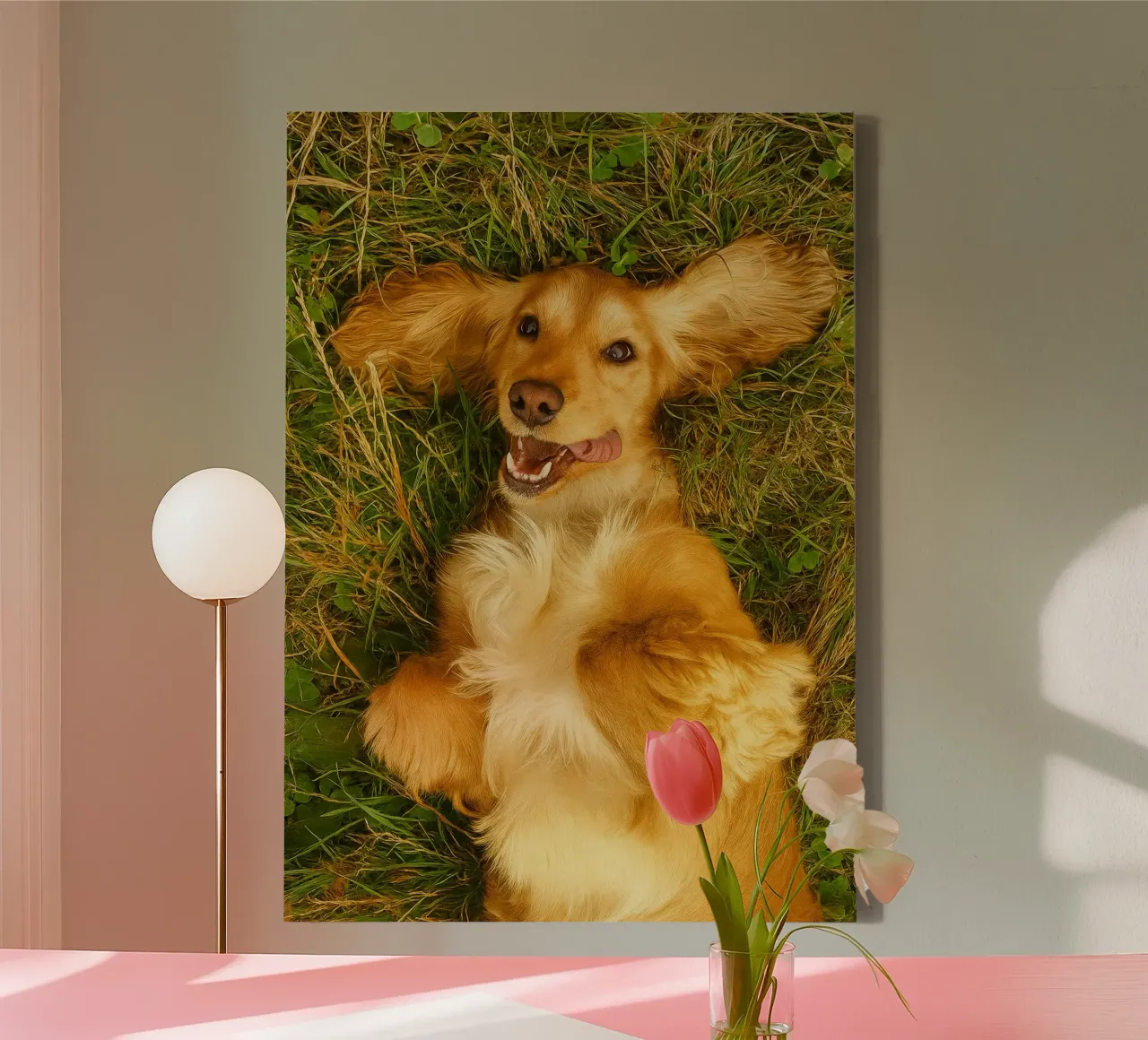 the dog rolled on the dry grass canvas with Floater frame by chinerei