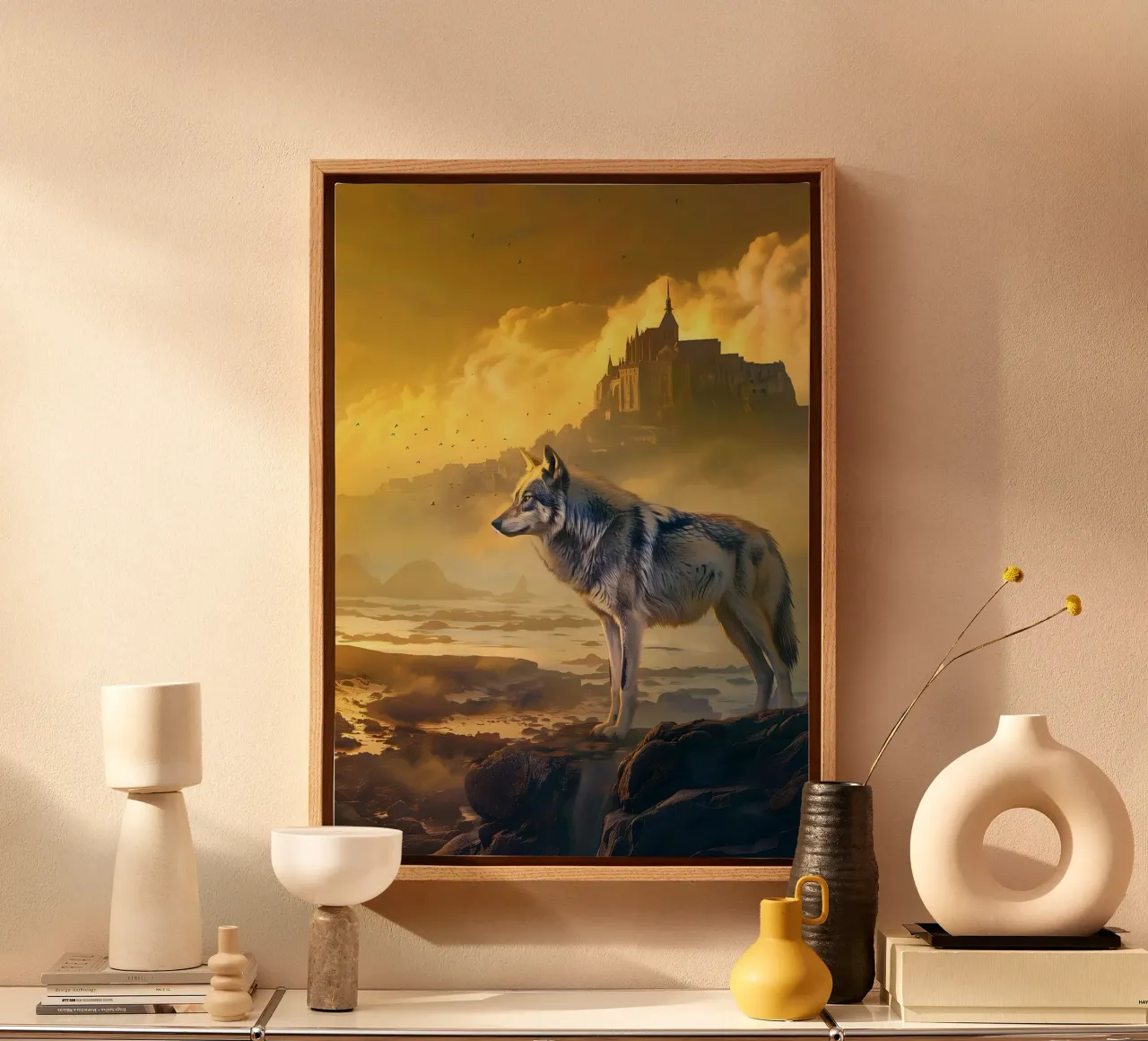 Lupo a Mont Saint Michel arte mistica e fantasy tela con Cornice a cassetta da WILD ART