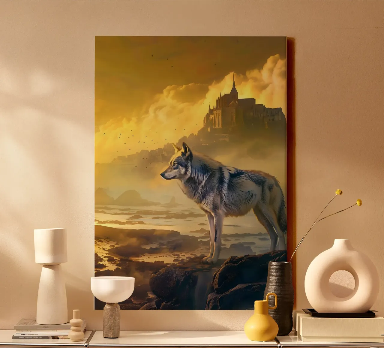 Lupo a Mont Saint Michel arte mistica e fantasy tela con Cornice a cassetta da WILD ART