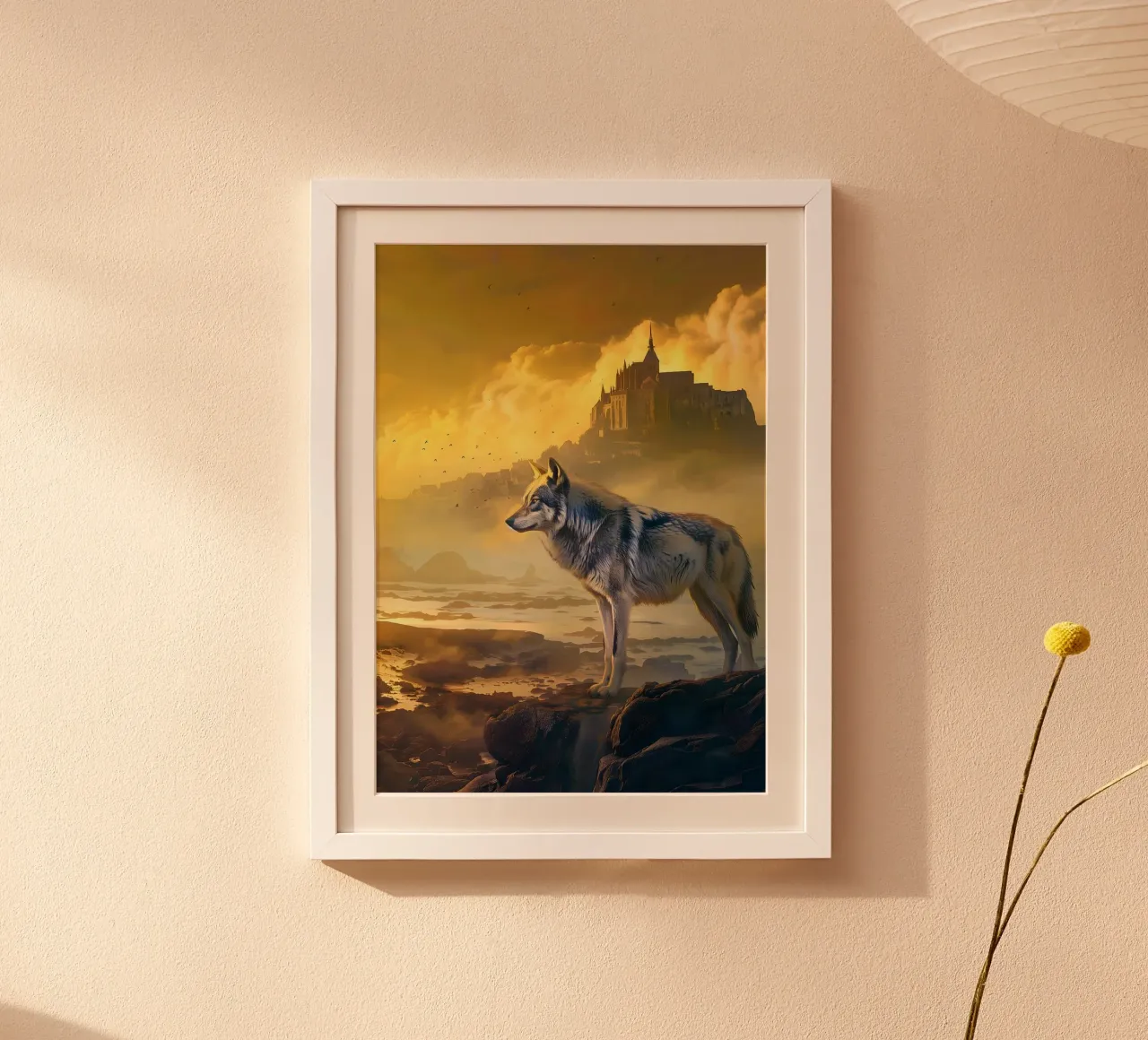 Lupo a Mont Saint Michel arte mistica e fantasy poster con telaio in plastica da WILD ART