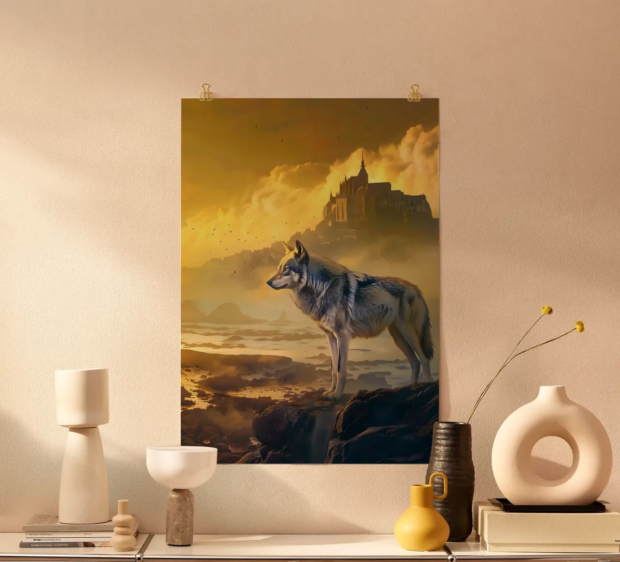 Lupo a Mont Saint Michel arte mistica e fantasy poster con telaio in plastica da WILD ART
