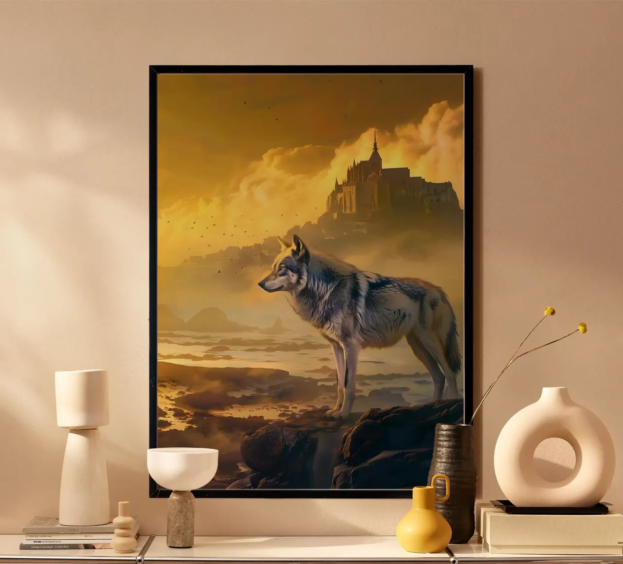 Lupo a Mont Saint Michel arte mistica e fantasy poster con telaio in plastica da WILD ART
