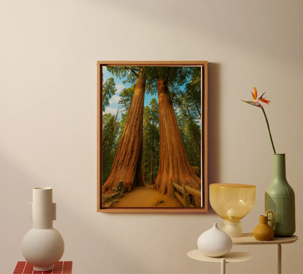 twee grote bomen in het bos natuurpanorama canvas met Baklijst van chinerei