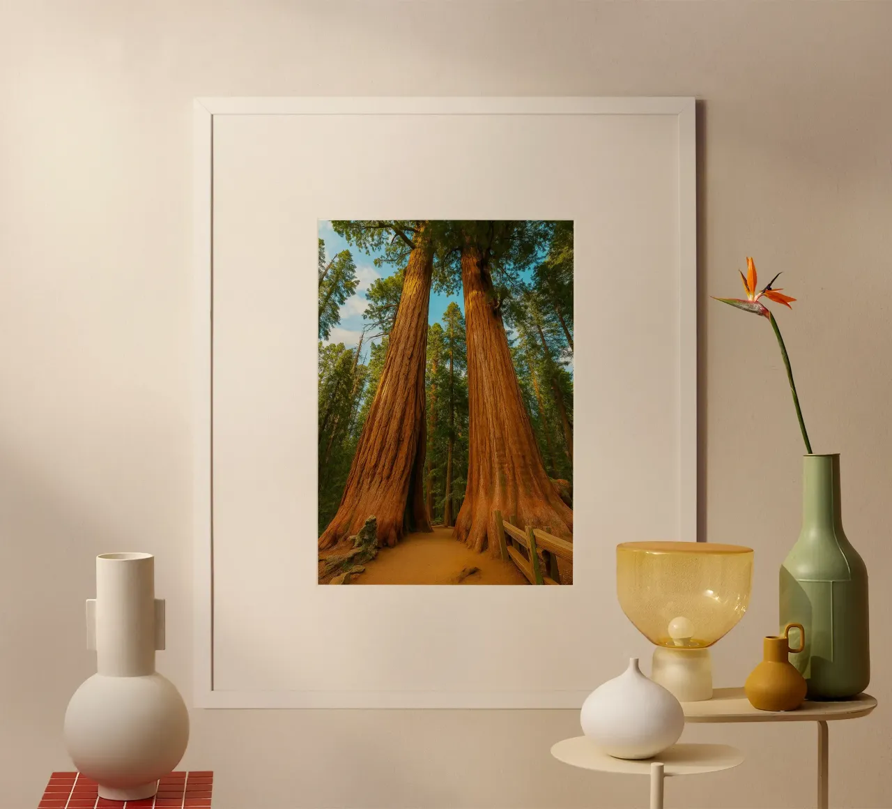 two big trees in the forrest nature panorama poster with wooden frame by chinerei