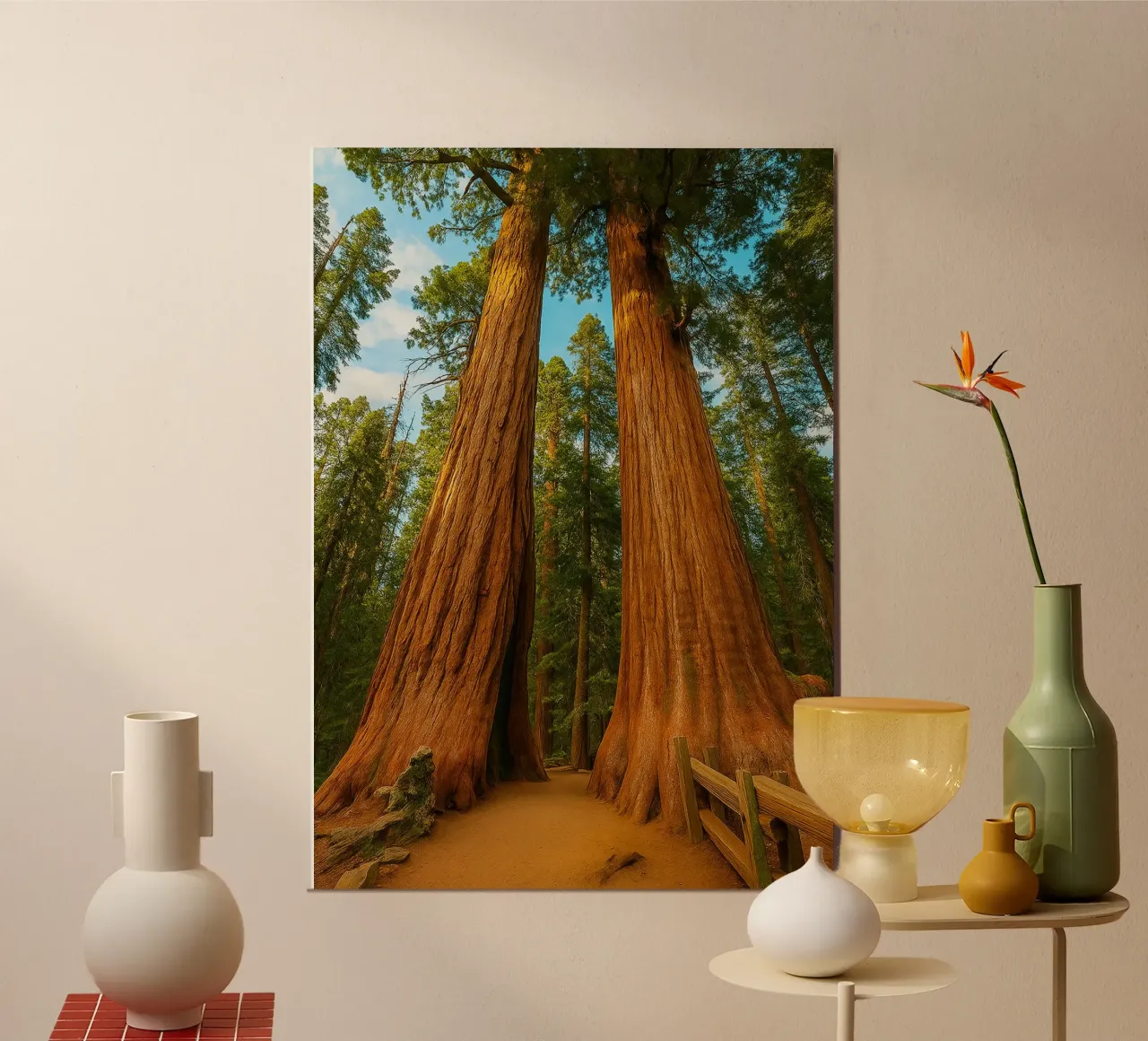 two big trees in the forrest nature panorama poster with wooden frame by chinerei