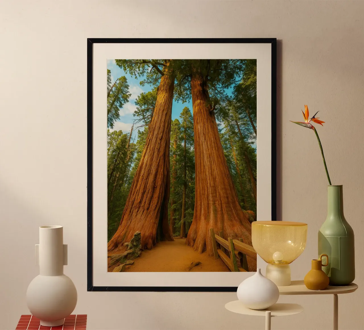 two big trees in the forrest nature panorama poster with wooden frame by chinerei