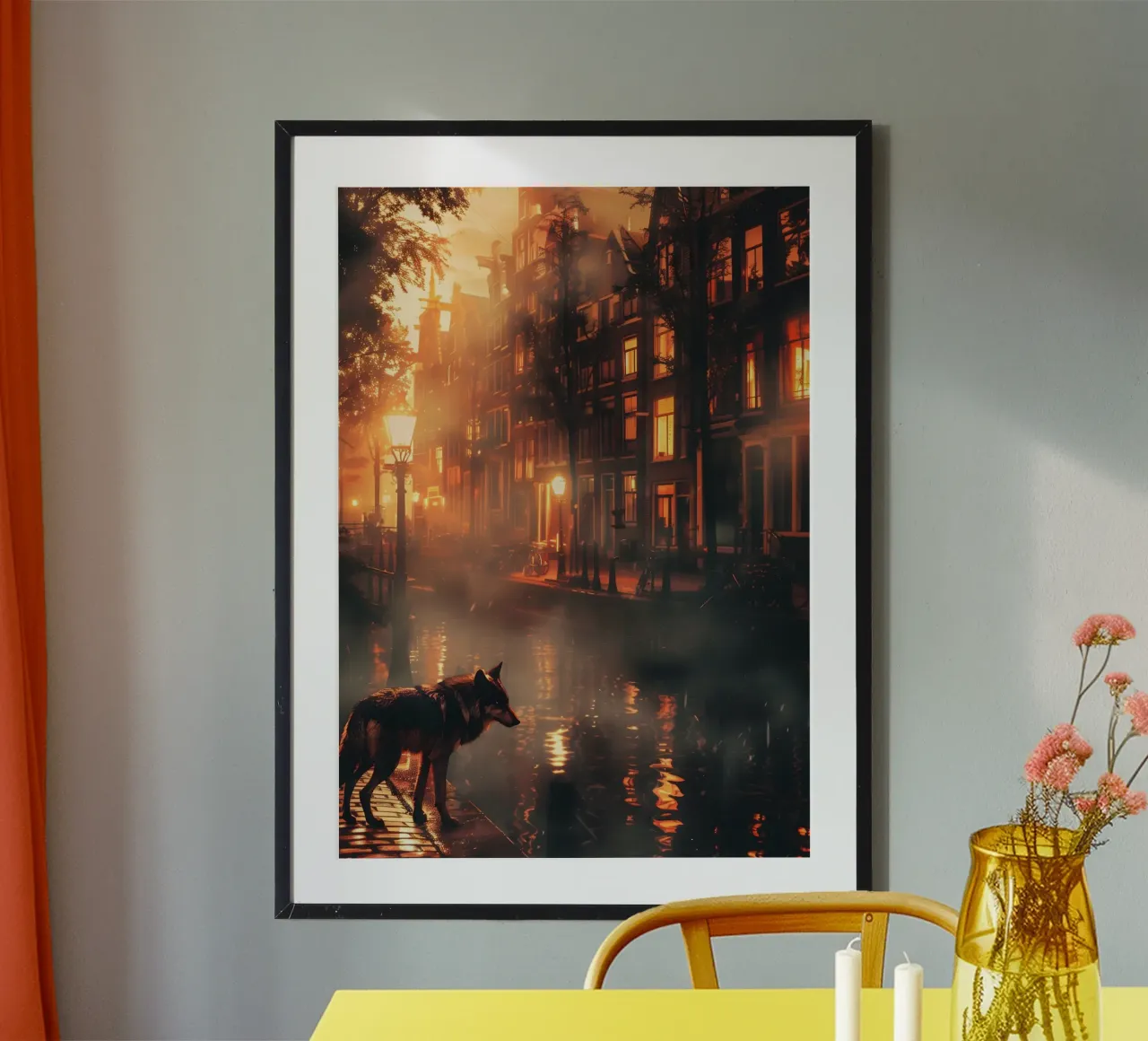 Lupo ad Amsterdam arte mistica e fantasy poster con telaio in alluminio da WILD ART