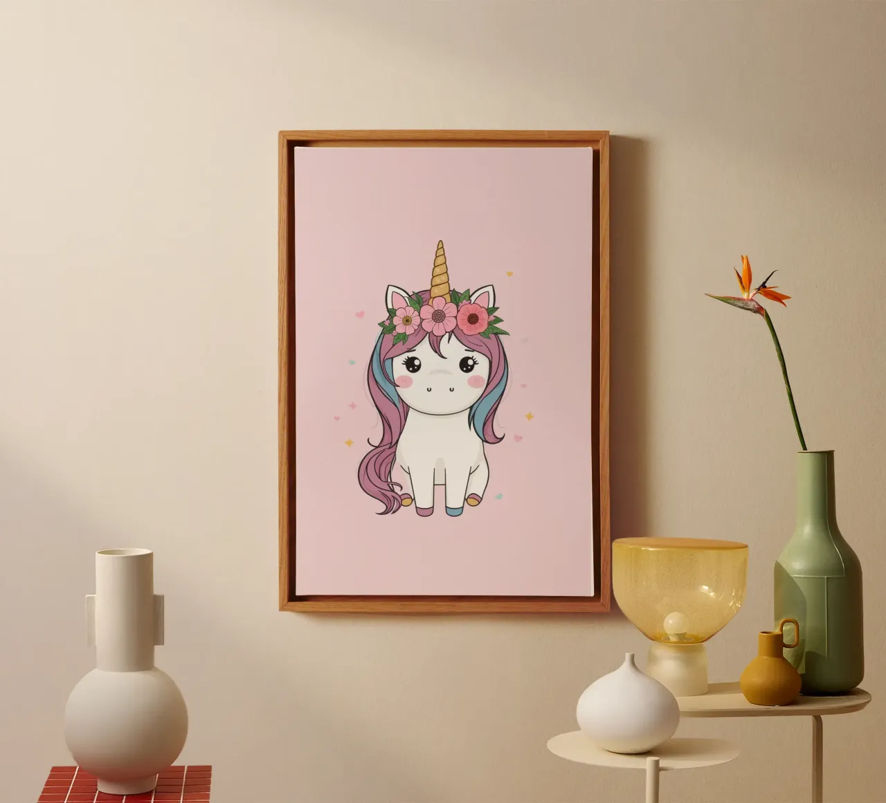Cute Unicorn with Flower Crown , pink background canvas with Floater frame by DesignDoodle
