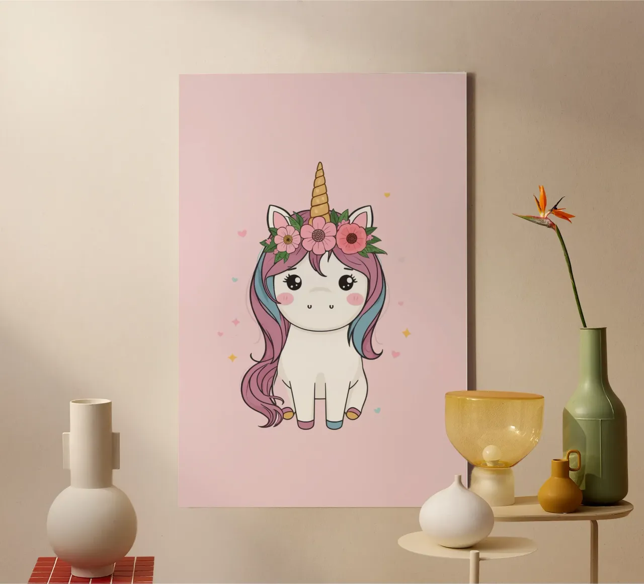 Cute Unicorn with Flower Crown , pink background canvas with Floater frame by DesignDoodle