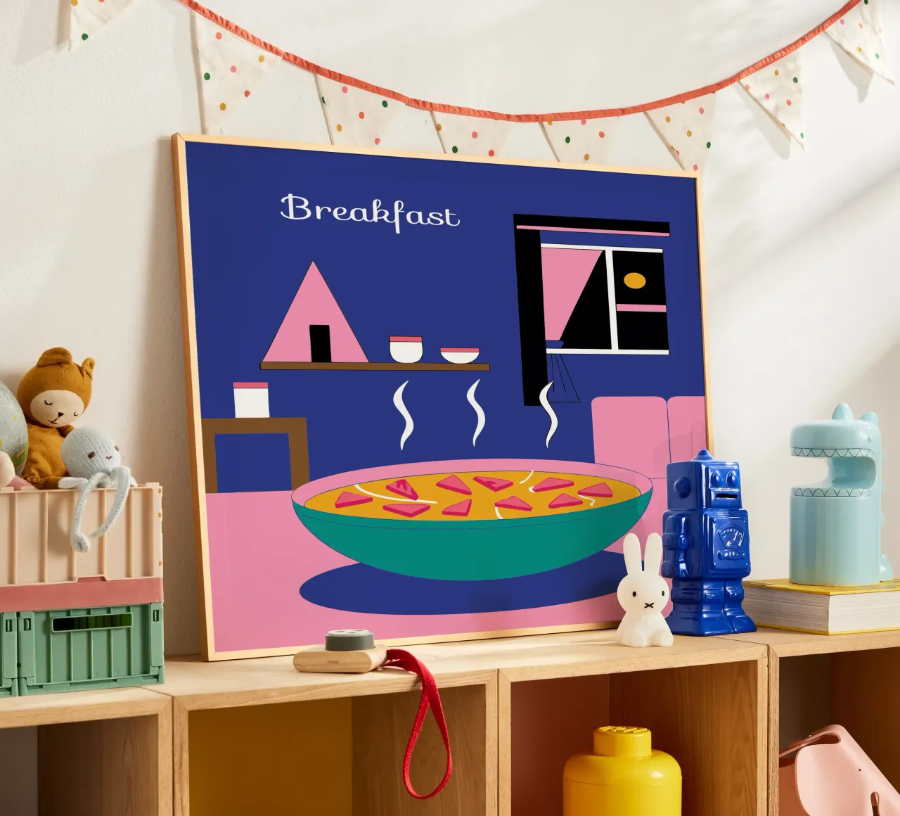Deliziosi alimenti per la prima colazione poster con telaio in legno da OUR SHOP
