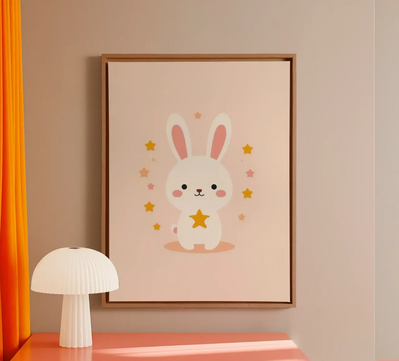 Simpático conejo blanco de dibujos animados con estrellas doradas y rosas lienzo con Marco flotante de DesignDoodle