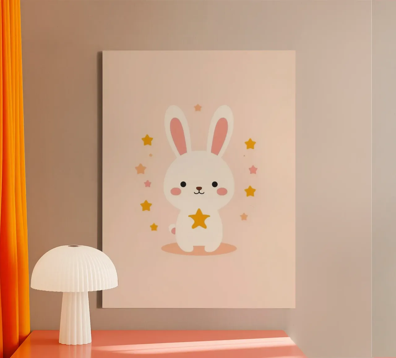 Simpático conejo blanco de dibujos animados con estrellas doradas y rosas lienzo con Marco flotante de DesignDoodle