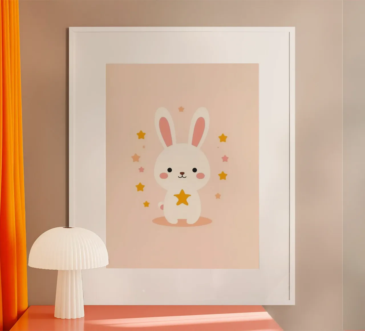 Simpatico coniglio bianco dei cartoni animati con stelle dorate e rosa poster con telaio in legno da DesignDoodle