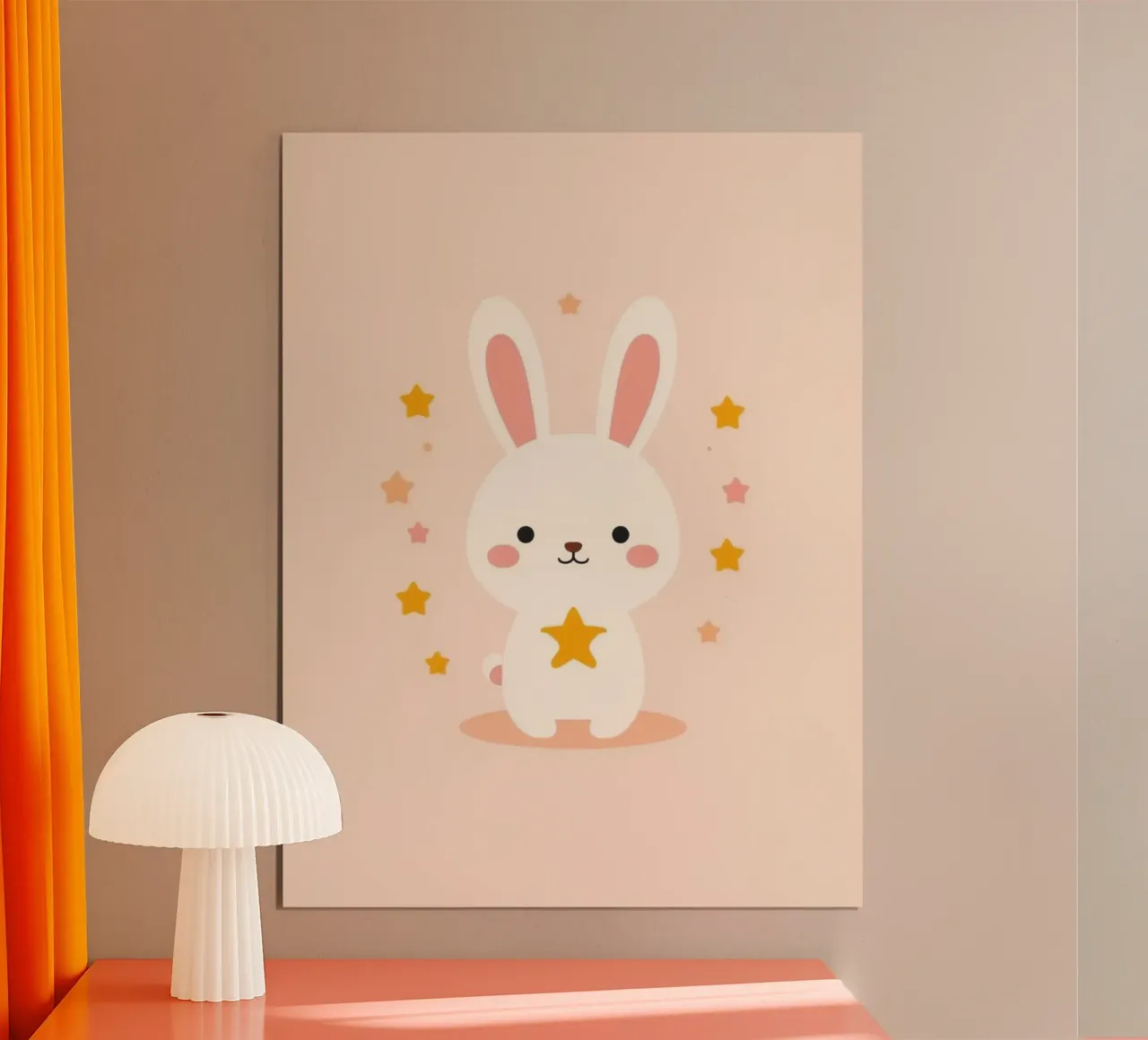 Simpatico coniglio bianco dei cartoni animati con stelle dorate e rosa poster con telaio in legno da DesignDoodle