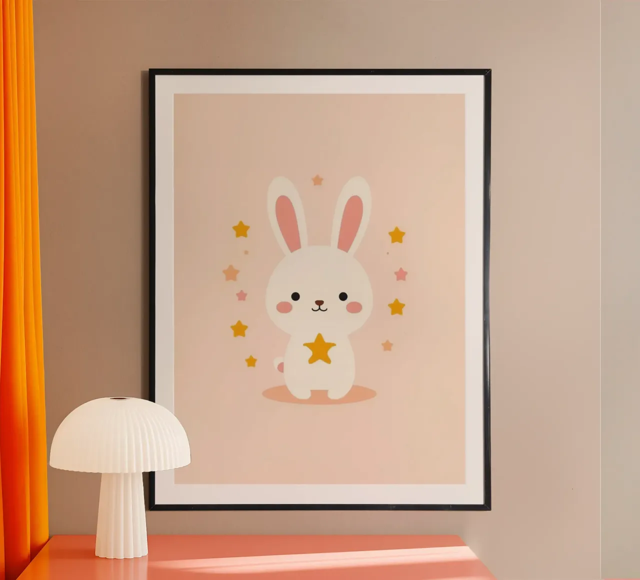 Simpatico coniglio bianco dei cartoni animati con stelle dorate e rosa poster con telaio in legno da DesignDoodle