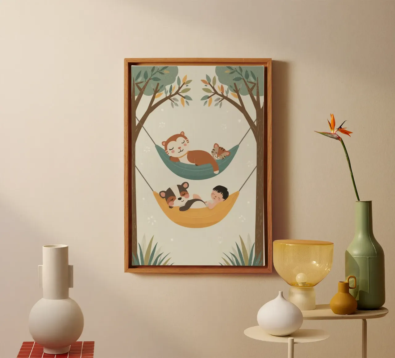 Bambino e animali che dormono tranquillamente in amaca tela con Cornice a cassetta da DesignDoodle
