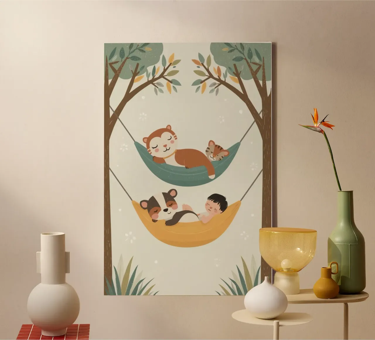 Bambino e animali che dormono tranquillamente in amaca tela con Cornice a cassetta da DesignDoodle