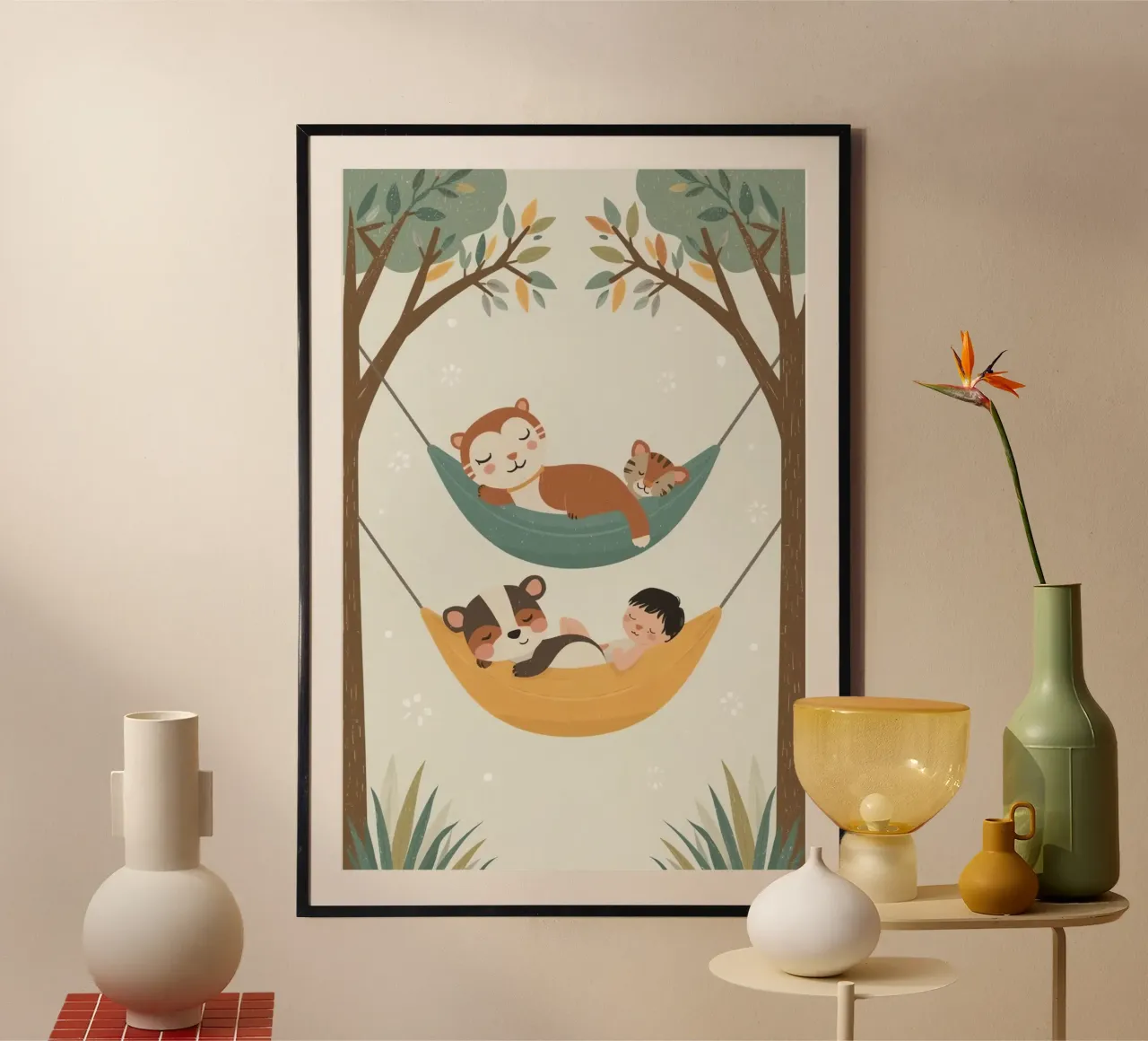 Bambino e animali che dormono tranquillamente in amaca poster da DesignDoodle