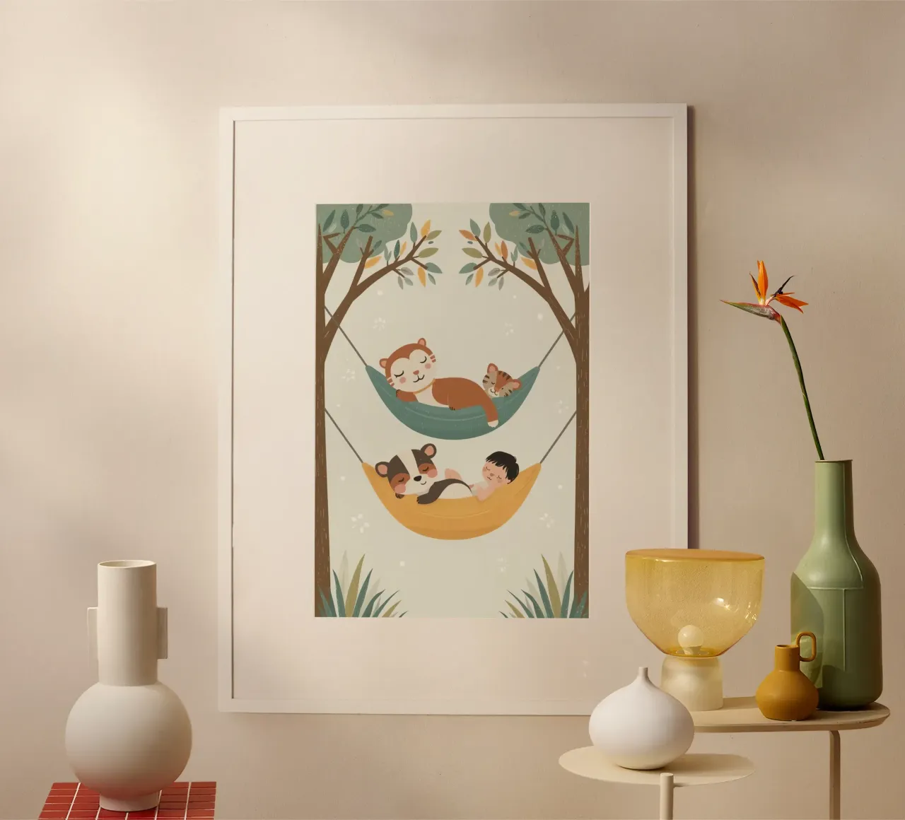 Bambino e animali che dormono tranquillamente in amaca poster da DesignDoodle