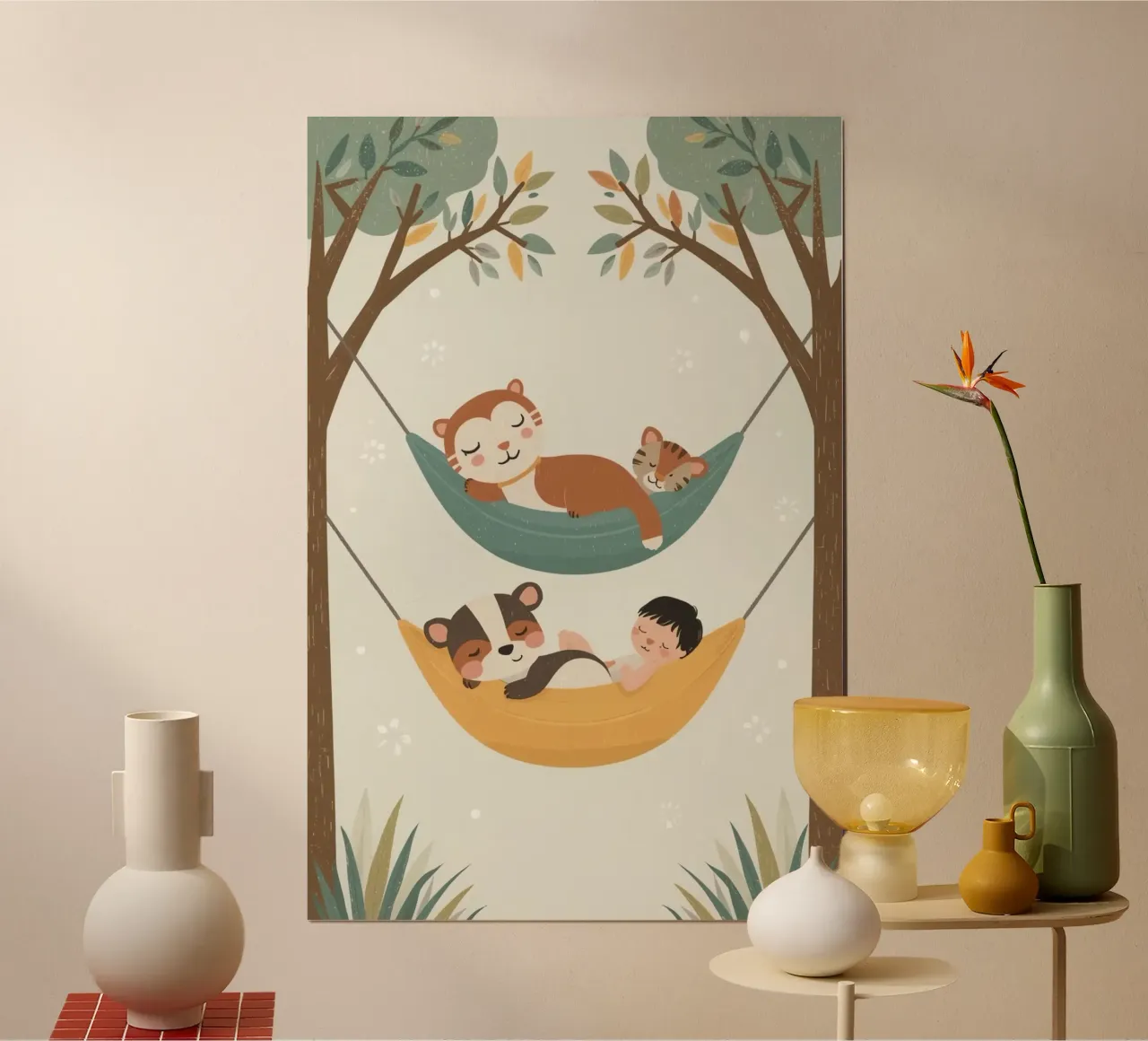 Bambino e animali che dormono tranquillamente in amaca poster da DesignDoodle