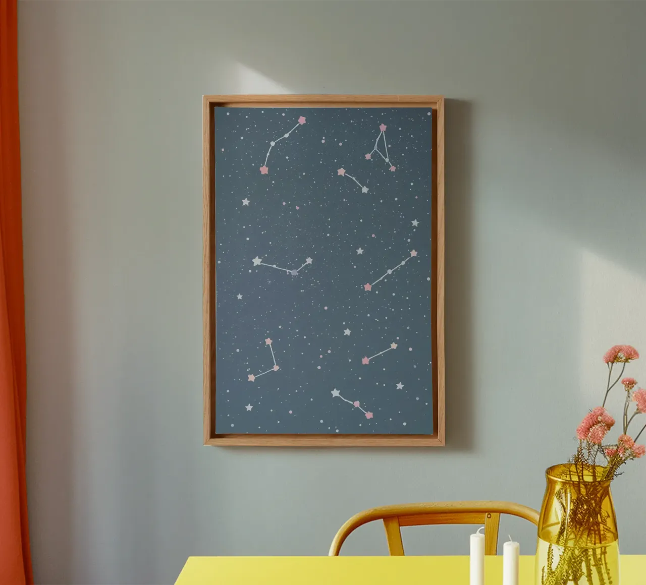 Sternbild auf blau-grauem Hintergrund- Kinderzimmer Kunst Leinwand mit Schattenfugenrahmen von DesignDoodle