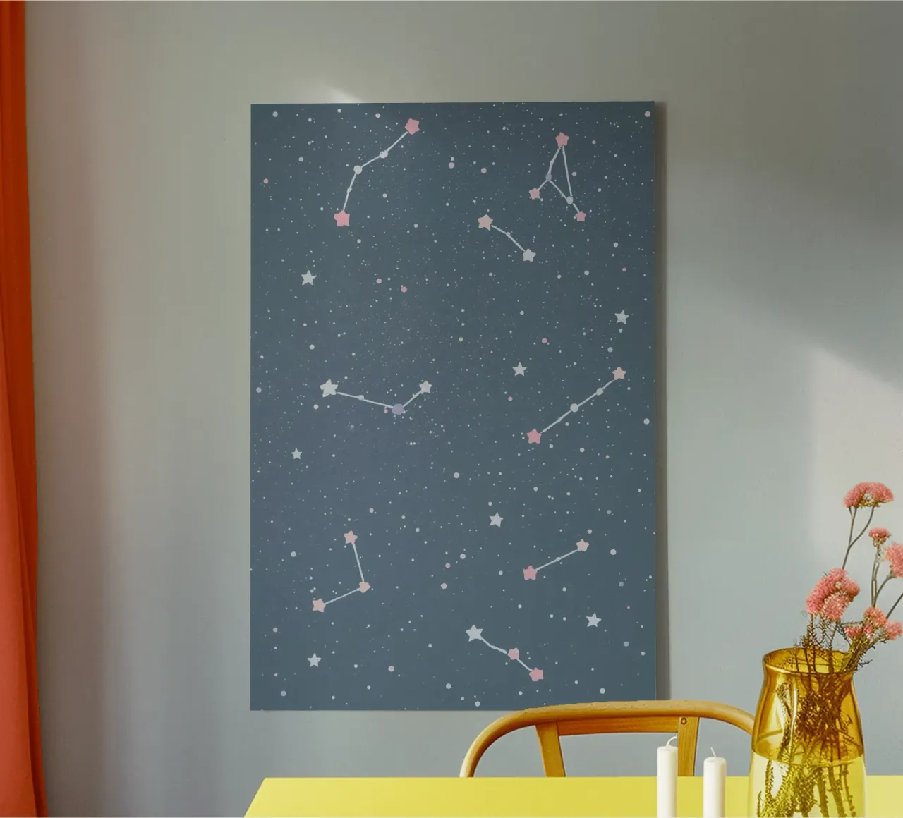 Sternbild auf blau-grauem Hintergrund- Kinderzimmer Kunst Leinwand mit Schattenfugenrahmen von DesignDoodle
