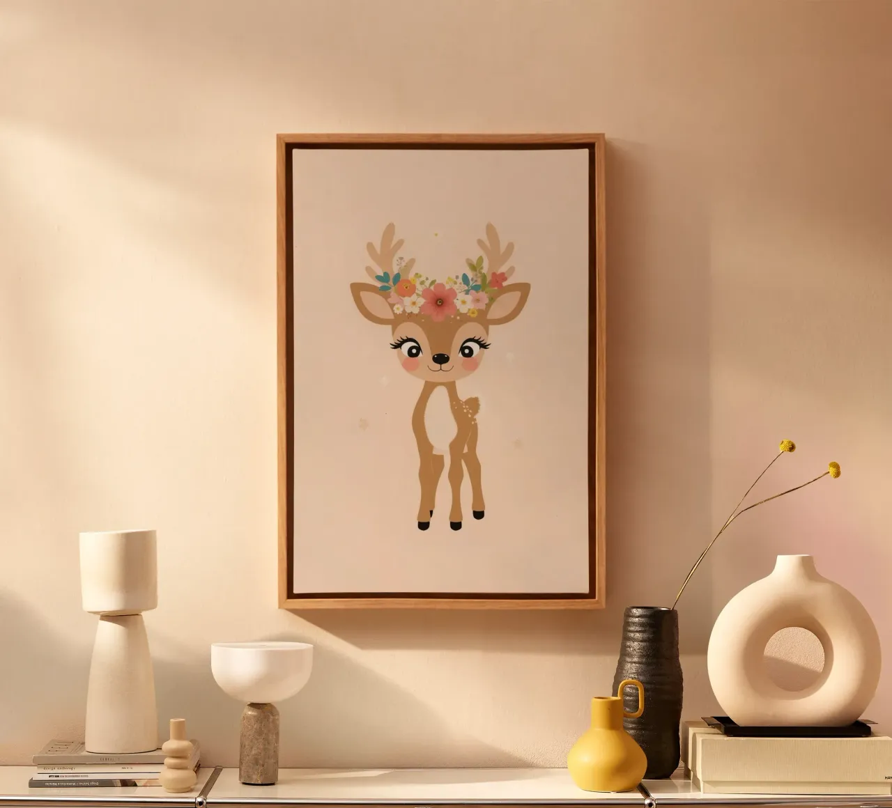Simpatico cerbiatto con corona di fiori tela con Cornice a cassetta da DesignDoodle