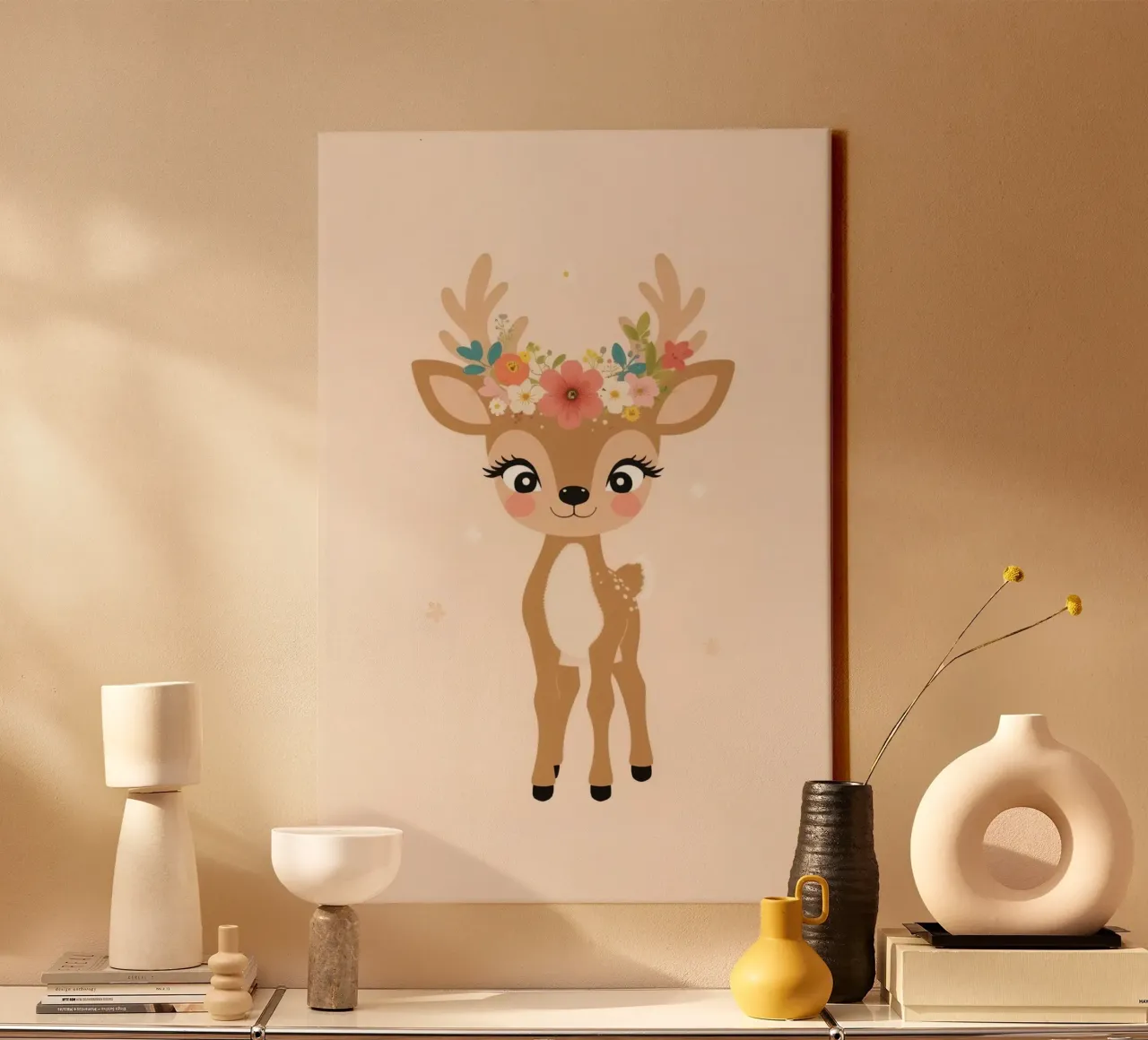 Simpatico cerbiatto con corona di fiori tela con Cornice a cassetta da DesignDoodle