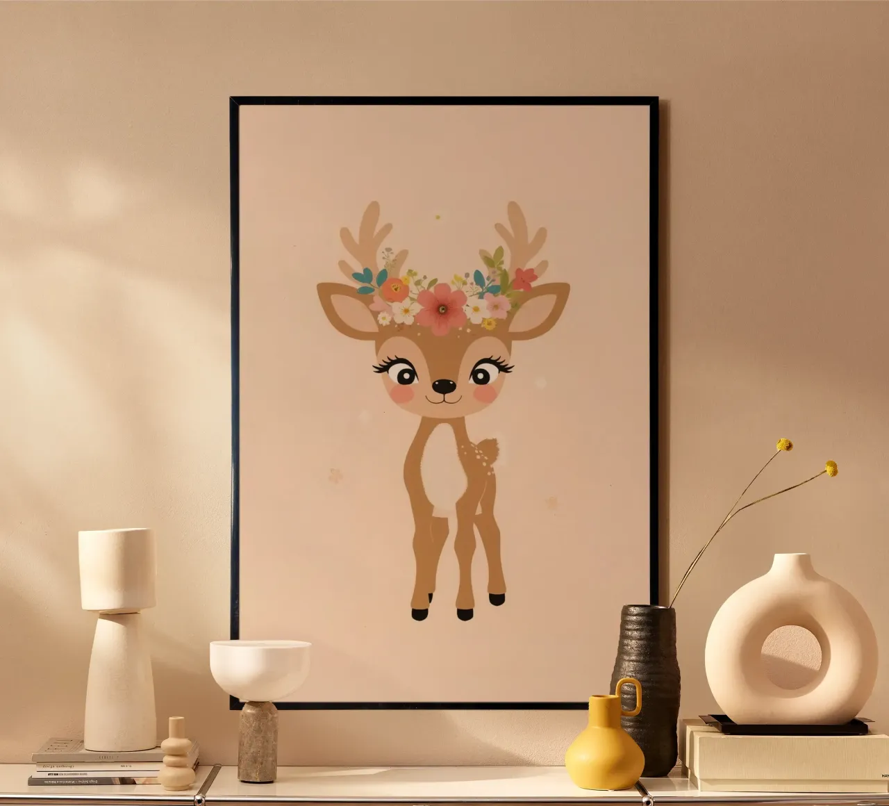 Simpatico cerbiatto con corona di fiori poster con telaio in alluminio da DesignDoodle