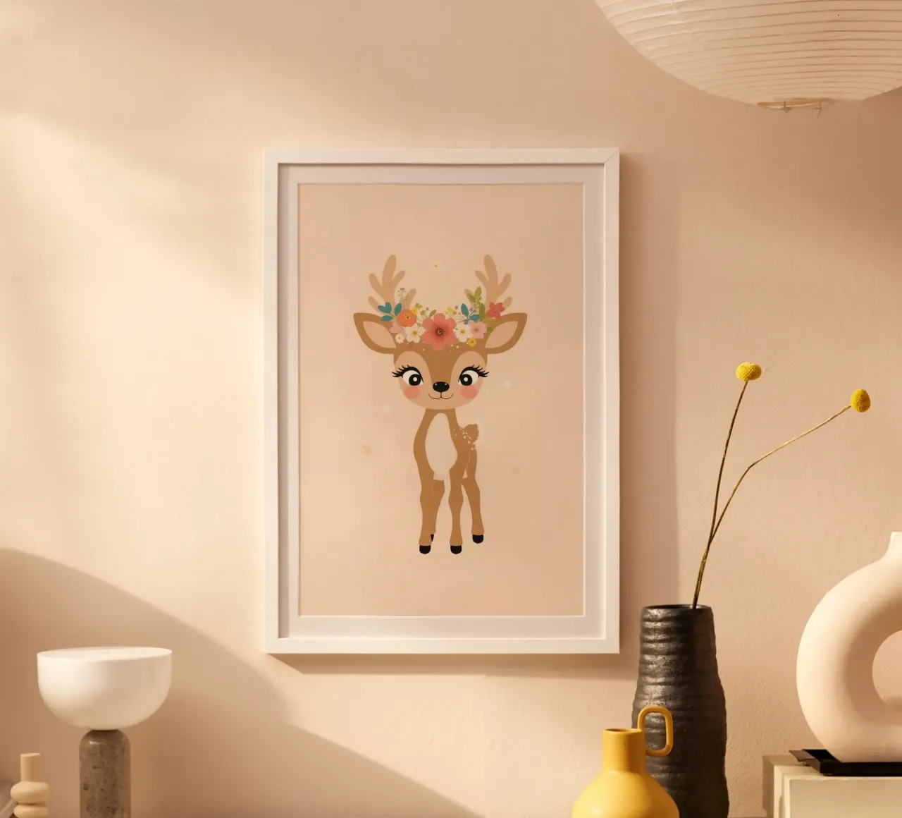 Simpatico cerbiatto con corona di fiori poster con telaio in alluminio da DesignDoodle