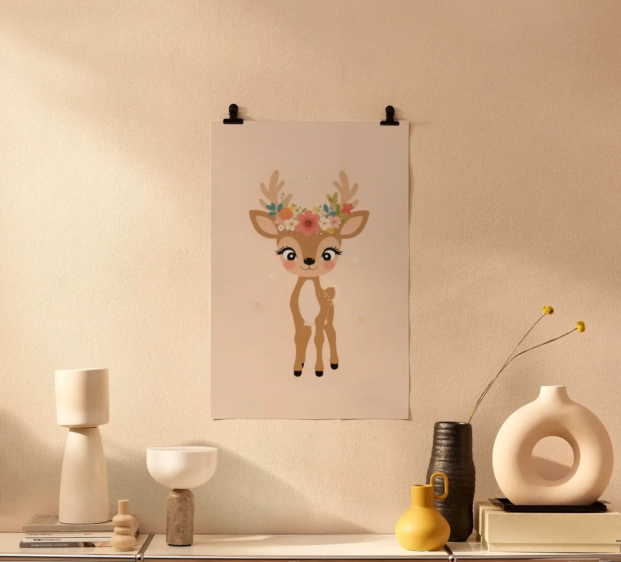 Simpatico cerbiatto con corona di fiori poster con telaio in alluminio da DesignDoodle