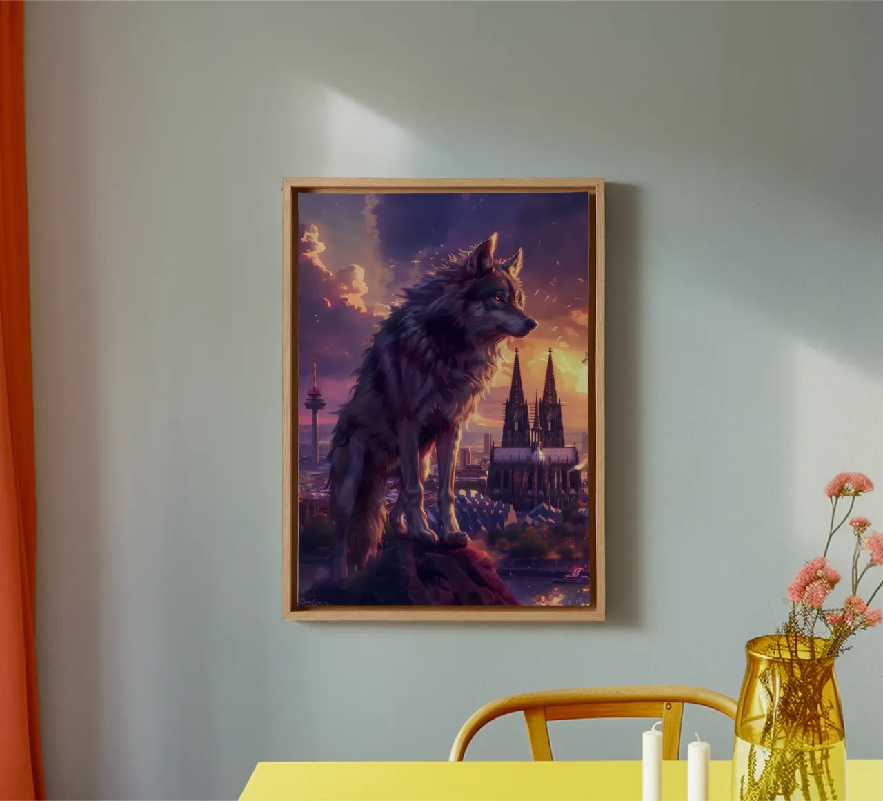 Wolf in Cologne mystical fantasy art canvas with Floater frame by WILD ART