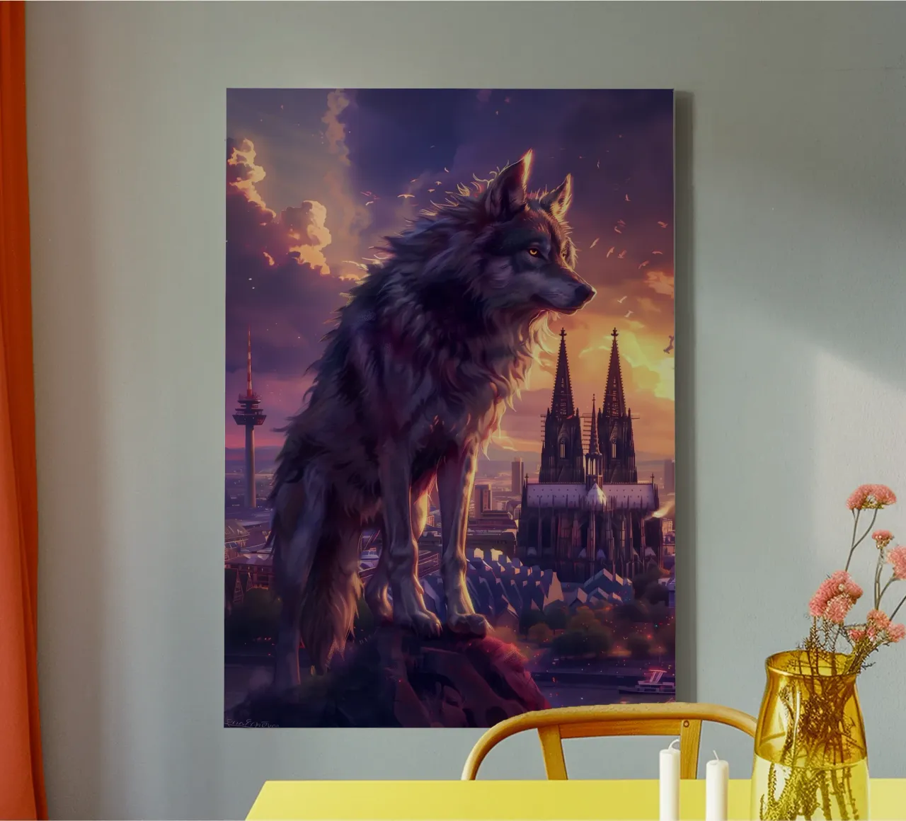 Wolf in Cologne mystical fantasy art canvas with Floater frame by WILD ART