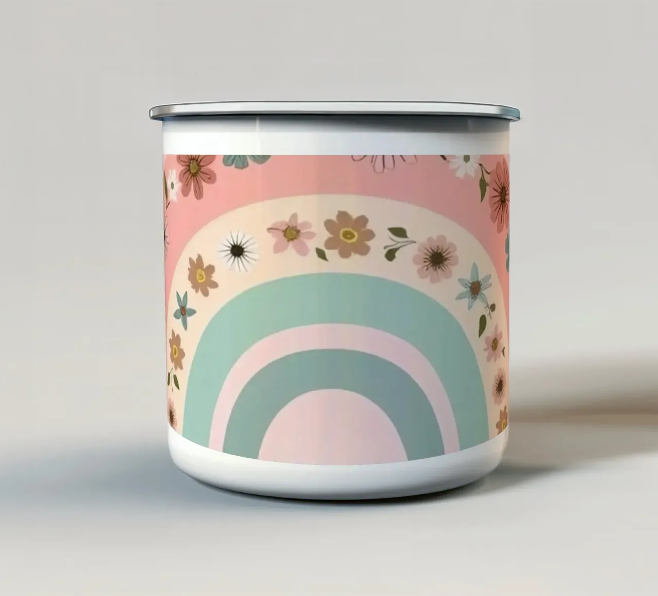 Sfondo rosa arcobaleno decorato con fiori tazza in smalto da DesignDoodle