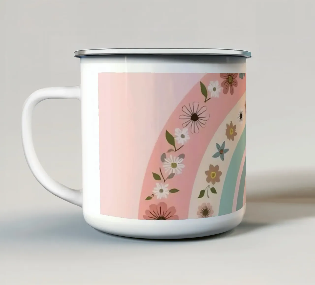 Sfondo rosa arcobaleno decorato con fiori tazza in smalto da DesignDoodle