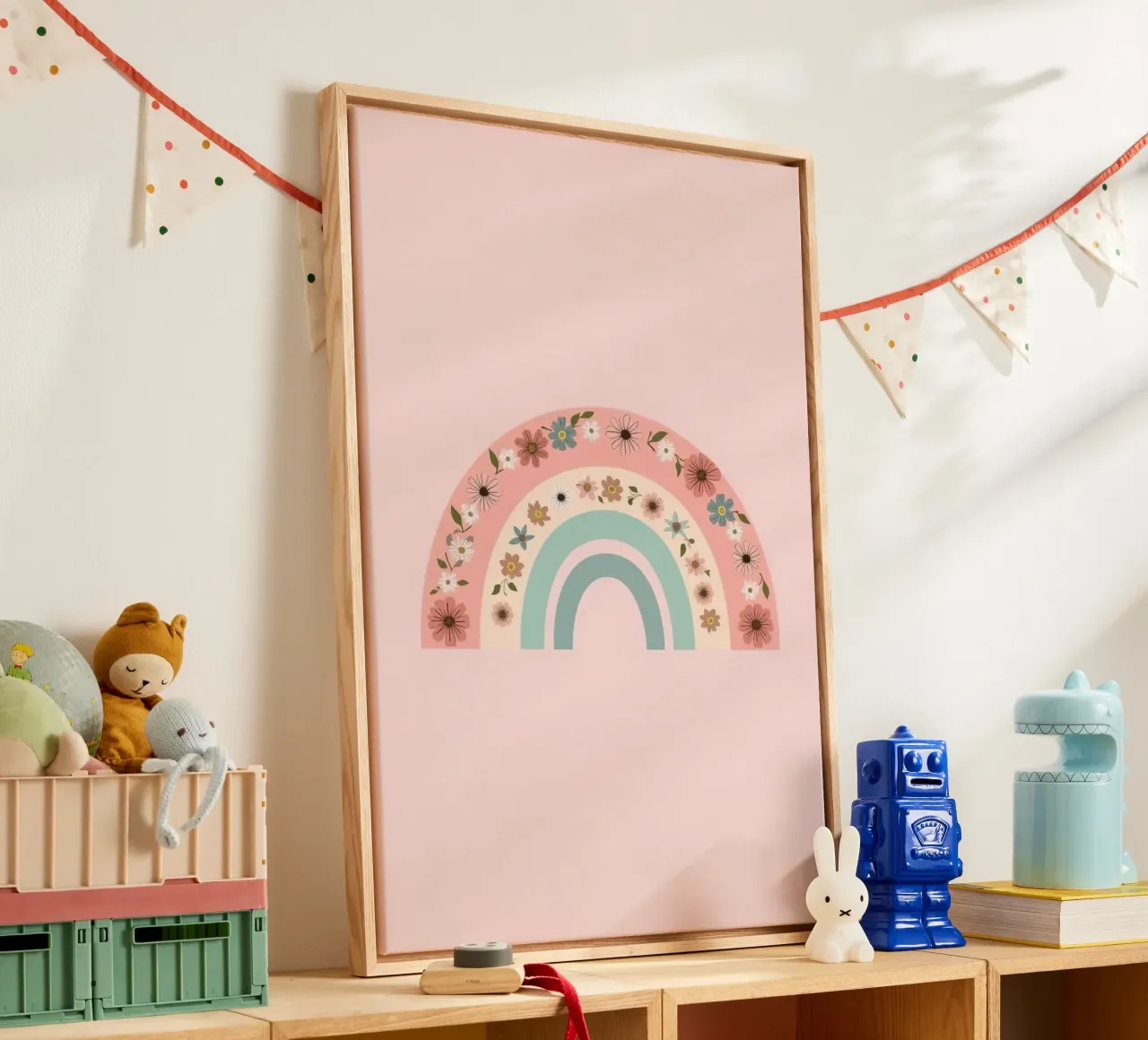 Sfondo rosa arcobaleno decorato con fiori tela con Cornice a cassetta da DesignDoodle