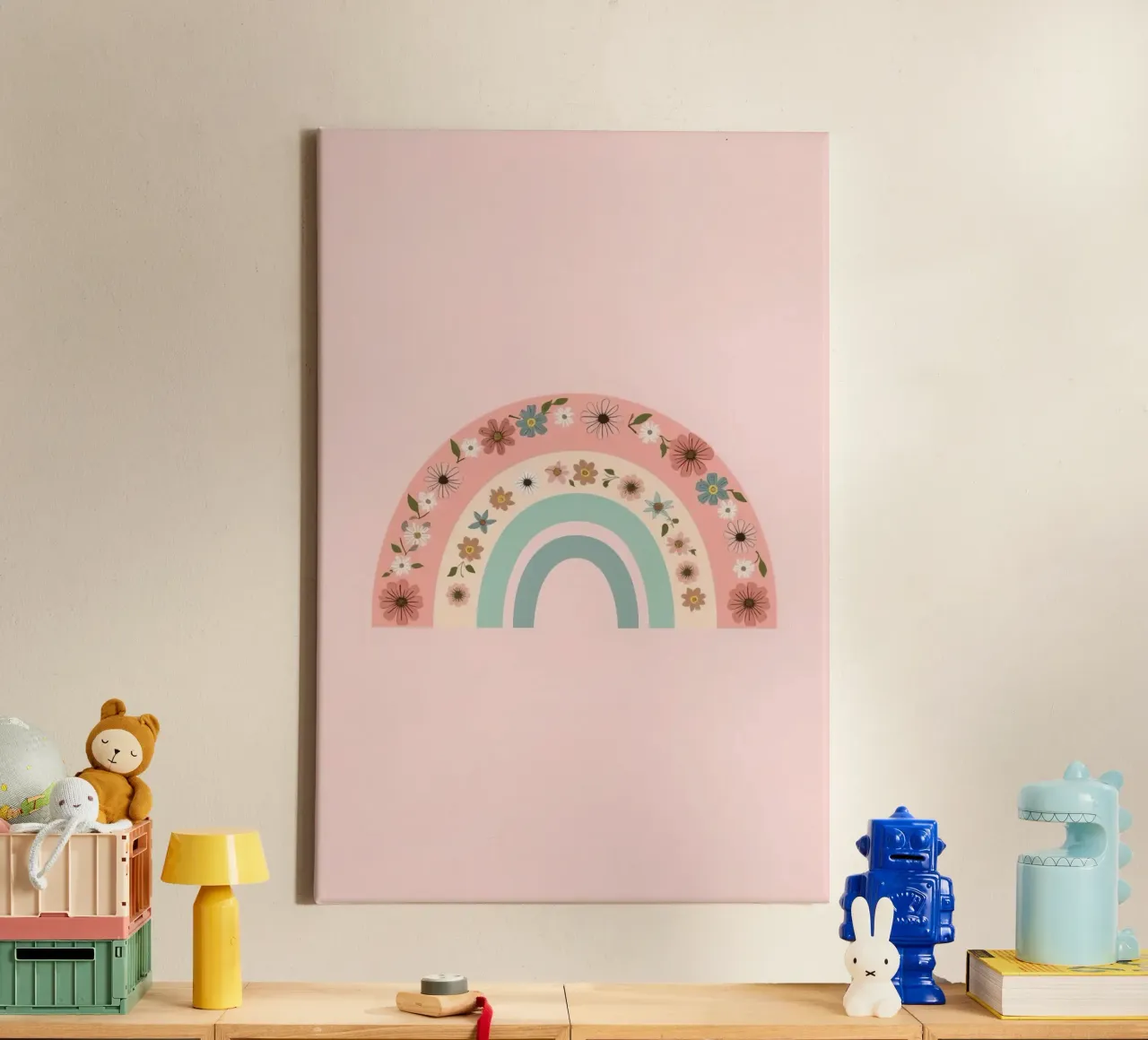 Sfondo rosa arcobaleno decorato con fiori tela con Cornice a cassetta da DesignDoodle