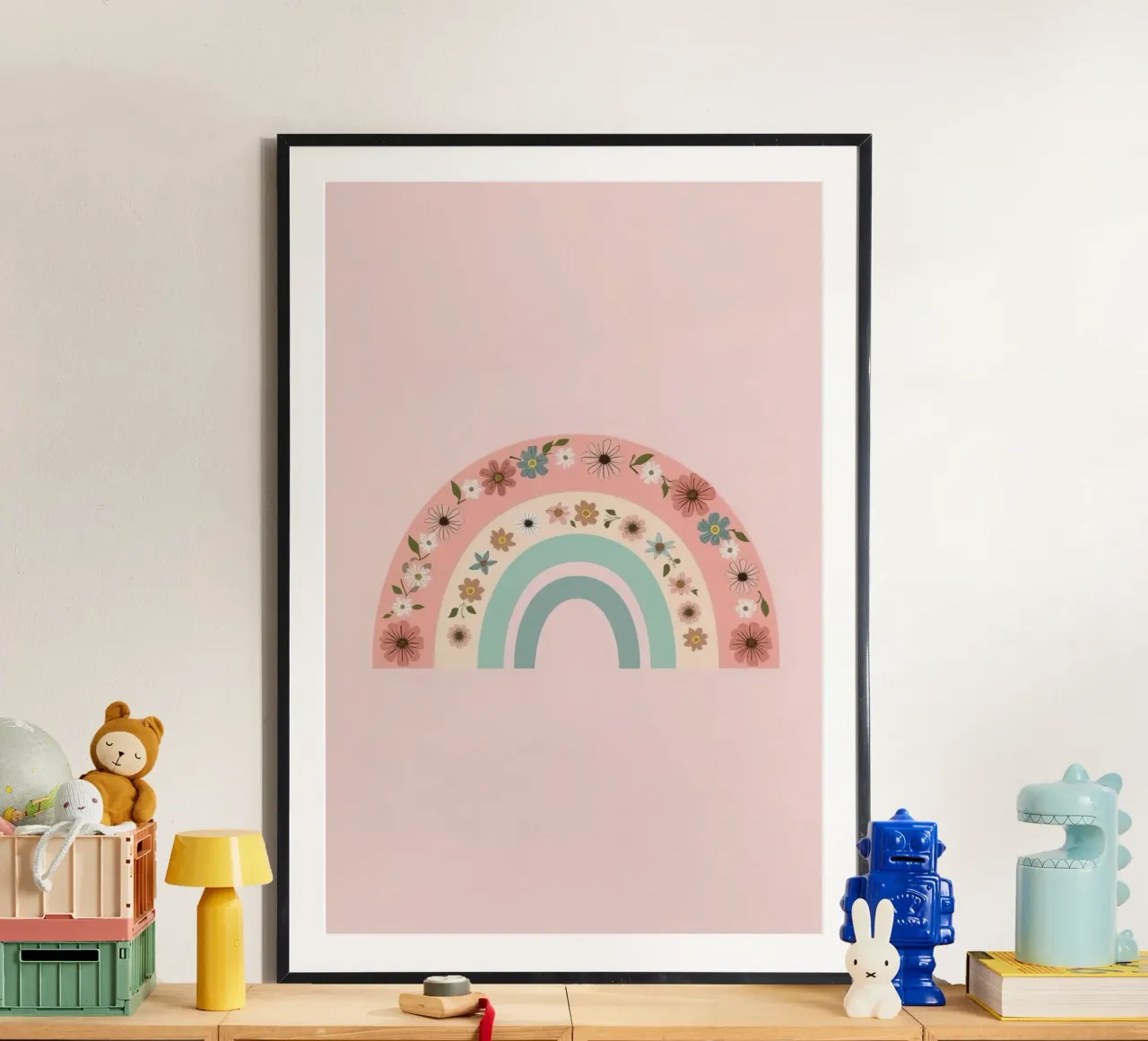 Sfondo rosa arcobaleno decorato con fiori poster con telaio in legno da DesignDoodle