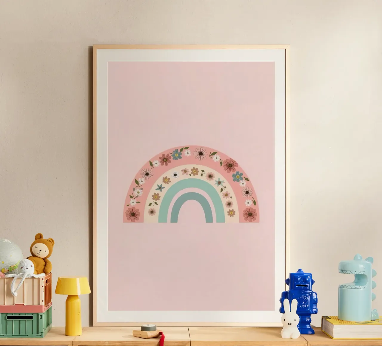 Sfondo rosa arcobaleno decorato con fiori poster con telaio in legno da DesignDoodle