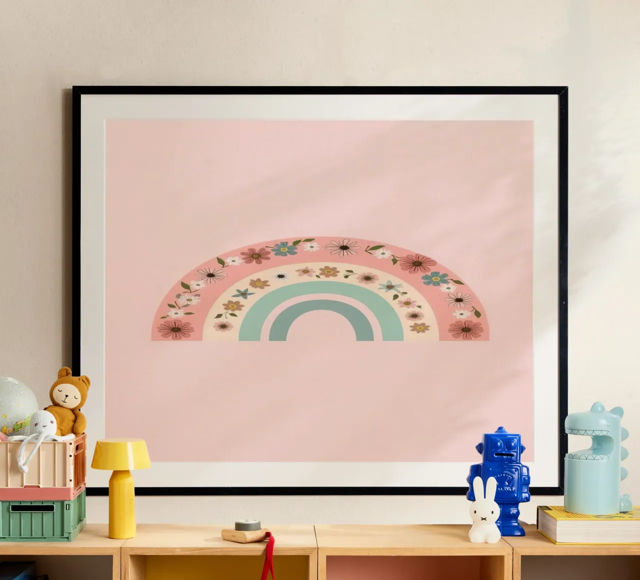 Sfondo rosa arcobaleno decorato con fiori poster con telaio in legno da DesignDoodle