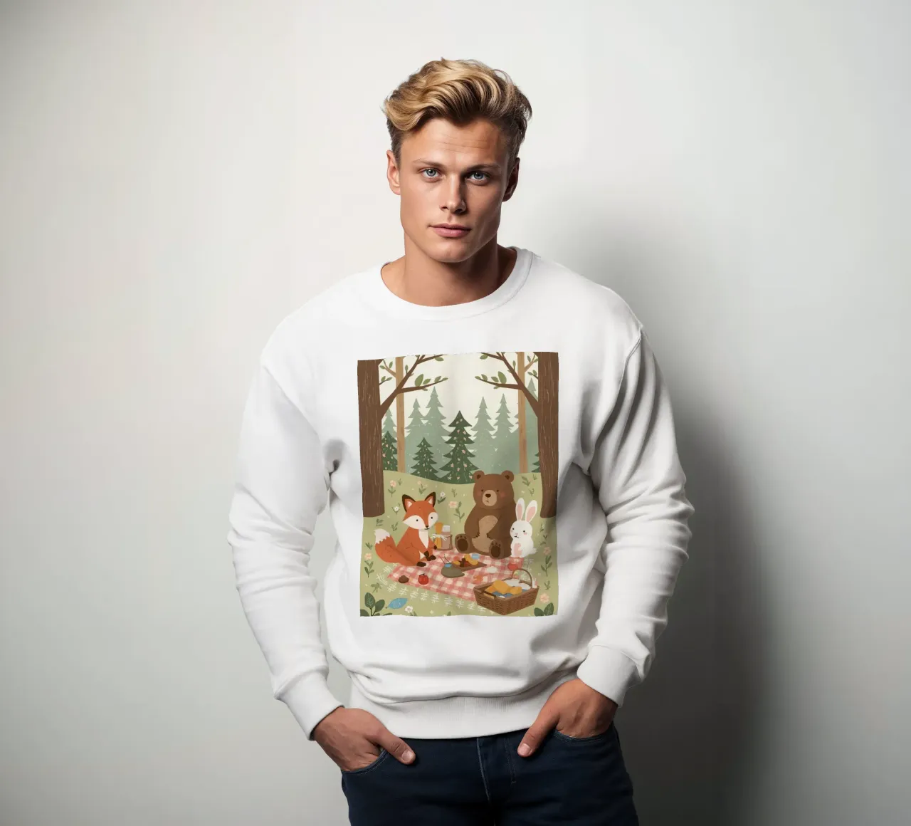 Cute funny Fox, Bear and Rabbit Picnic in Forest sweatshirt by DesignDoodle