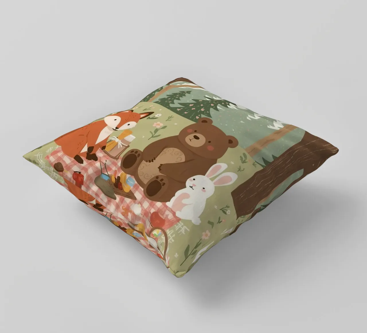 Volpe, orso e coniglio, simpatici e divertenti, fanno un picnic nella foresta cuscino da DesignDoodle
