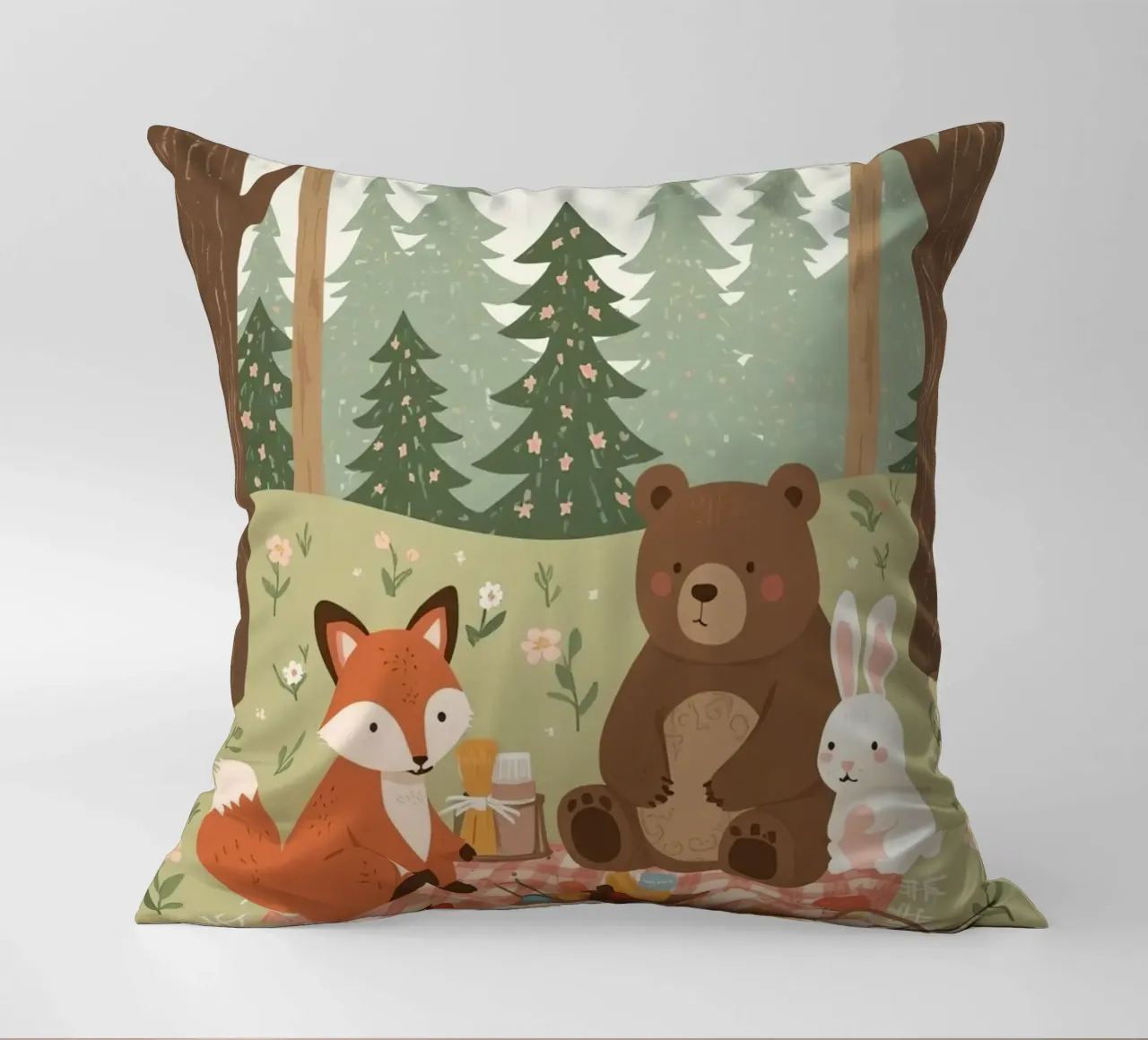 Volpe, orso e coniglio, simpatici e divertenti, fanno un picnic nella foresta cuscino da DesignDoodle