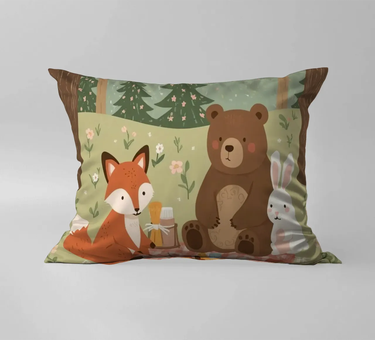 Volpe, orso e coniglio, simpatici e divertenti, fanno un picnic nella foresta cuscino da DesignDoodle