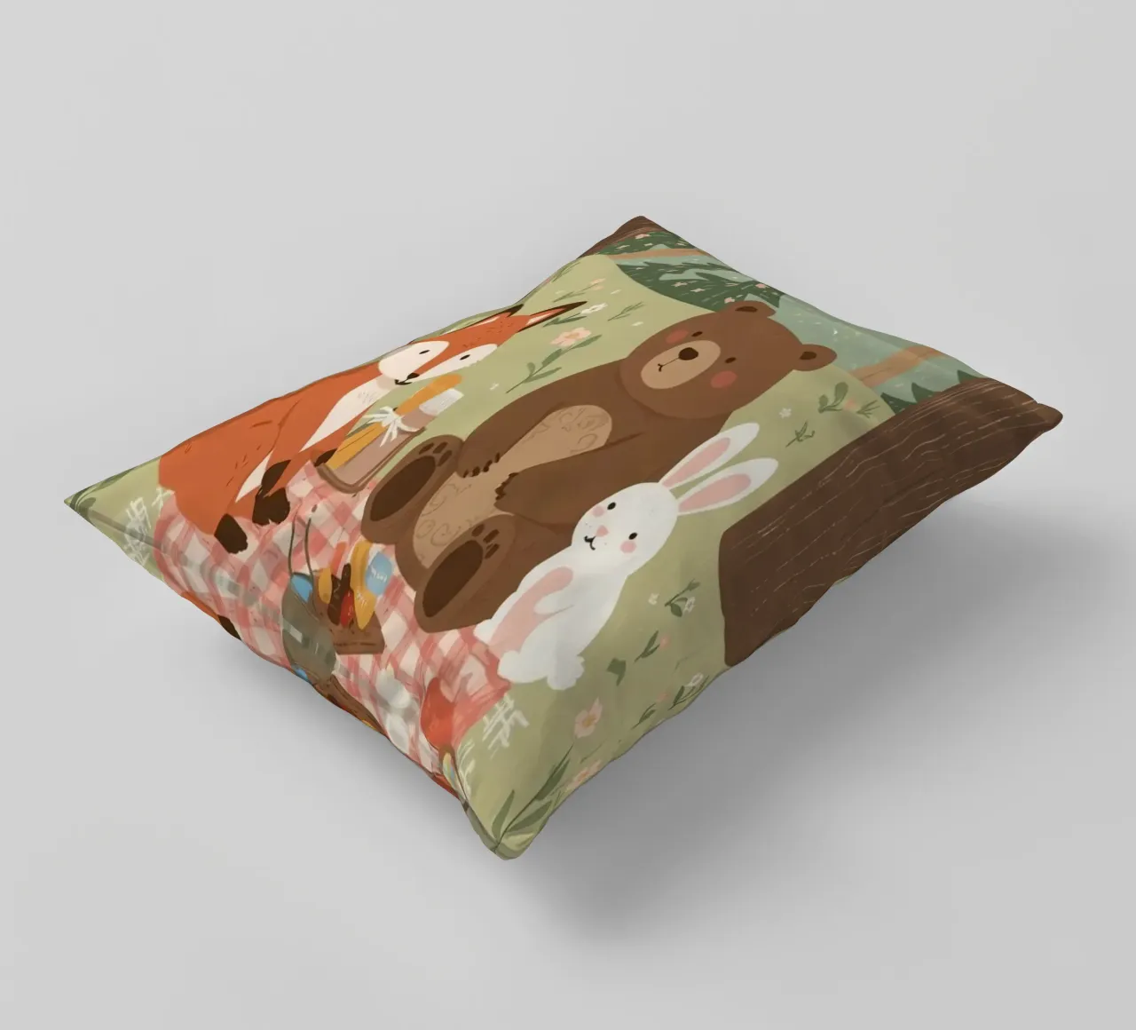 Volpe, orso e coniglio, simpatici e divertenti, fanno un picnic nella foresta cuscino da DesignDoodle