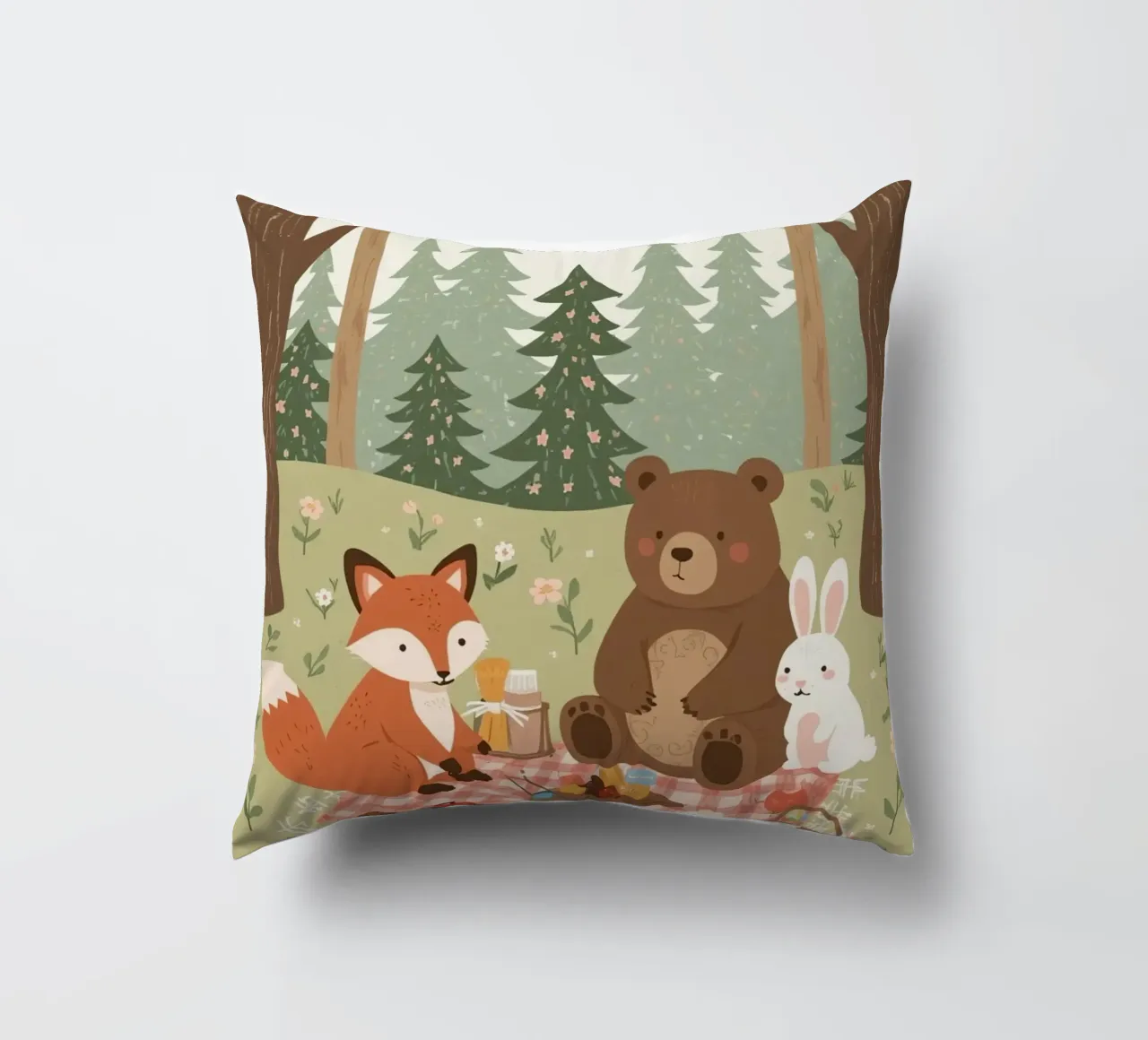 Volpe, orso e coniglio, simpatici e divertenti, fanno un picnic nella foresta cuscino da DesignDoodle