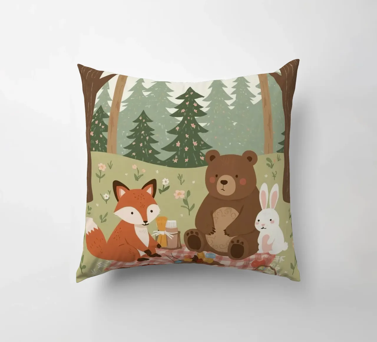 Volpe, orso e coniglio, simpatici e divertenti, fanno un picnic nella foresta cuscino da DesignDoodle