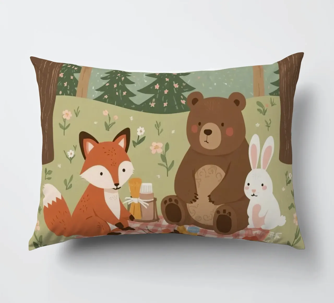 Volpe, orso e coniglio, simpatici e divertenti, fanno un picnic nella foresta cuscino da DesignDoodle