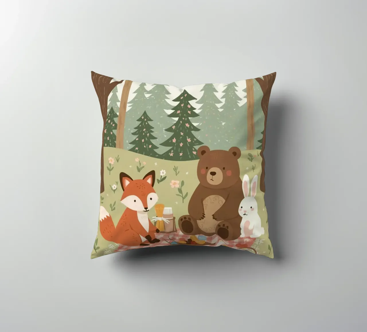 Volpe, orso e coniglio, simpatici e divertenti, fanno un picnic nella foresta cuscino da DesignDoodle